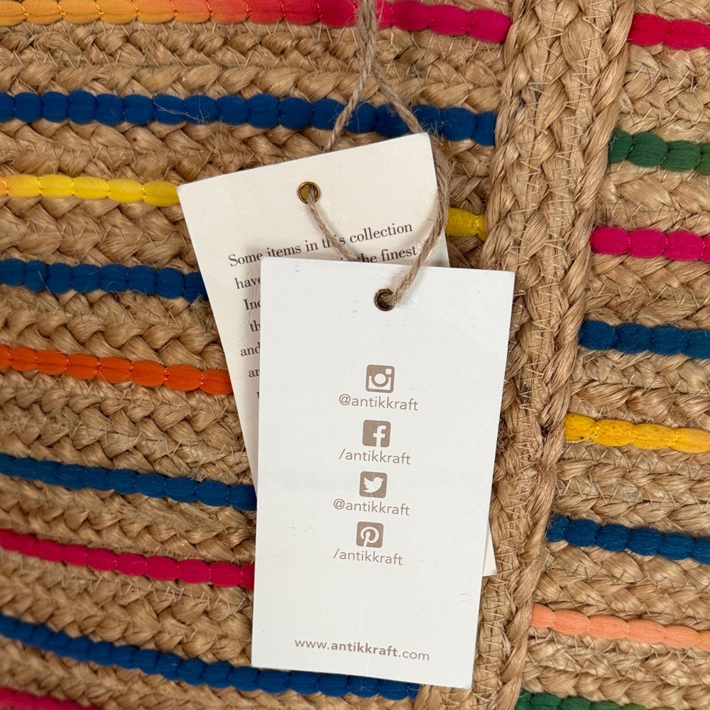 Antik Kraft Handwoven Jute Tote with Colorful Stripe Accents NWT - Picture 5 of 16